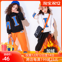 Girls leisure suit autumn and winter plus velvet thickened childrens sports clothes two-piece womens autumn clothing fashionable