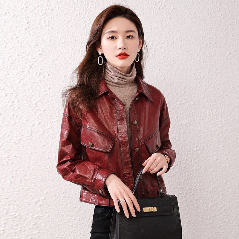 2020 autumn winter new Haining leather womens short oil wax sheepskin small leather jacket jacket