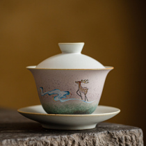 Japanese ceramic bowl applique Xiangyun deer tea bowl large household kung fu tea set kiln retro three-style bowl