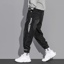 Spring and Autumn Feet Jeans Mens Tide Brand Black Pants Korean fashion casual tooling loose autumn Haren pants