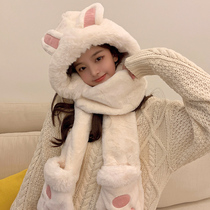 Cute scarf bear Lei Feng hat gloves one-piece three-piece sweet rabbit ears thickened warm set hooded