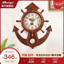 Maple Leaf watch New Chinese style living room mute wall clock Solid wood modern decorative clock Household European style creative quartz clock