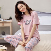 New step pure cotton pajamas womens summer short-sleeved trousers thin casual home wear suit can be worn out large size