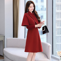 Shawl Wool Dress Set Women's Fall Winter 2021 New Small Red High-end Temperament Celebrity Dress