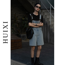 HUIXI vintage blue denim bib pants womens summer 2021 thin section loose five-point wide leg shorts