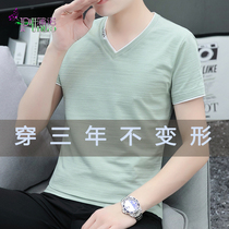 High quality summer ice wire cool chicken heart with mens short sleeve melon V-collar shirt pure cotton T-shirt menswear tide