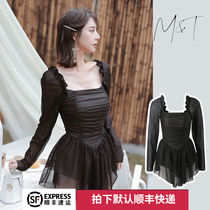 2020 new swimsuit fairy fan ins one-piece conservative long-sleeved high-waisted skirt style belly cover thin hot spring vacation