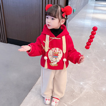 Girl clothes plus velvet suit New year 2021 new baby girl Tang suit thick Chinese New Year clothes two-piece red