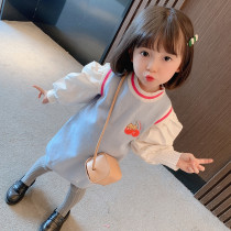  Childrens autumn Korean girls knitted dress suit Mid-length skirt Female children net red princess skirt Western style