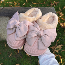Bow cotton slippers women winter waterproof office indoors warm non-slip removable velvet slippers wear