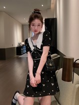  Fat King boss doll collar black floral dress Xia Hepburn style waist coffee break skirt First love dress
