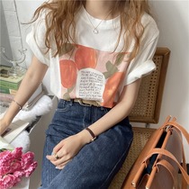 Pure cotton short-sleeved white t-shirt womens 2021 summer new design loose milk orange printed half-sleeve top
