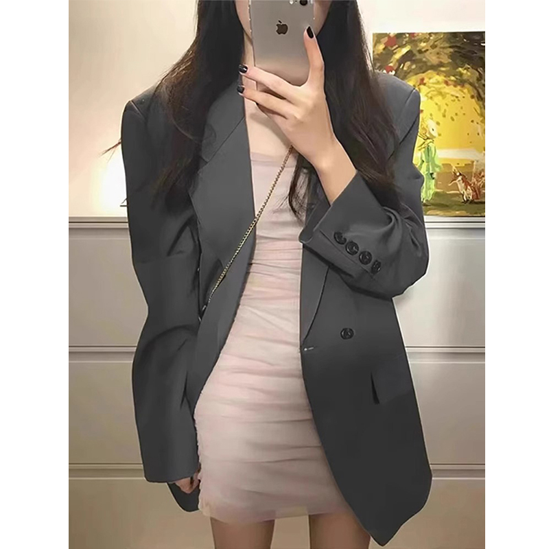 Advanced Grey Suit Coat Women's Spring and Autumn 2023 New Loose Oversize Black Small Suit Set