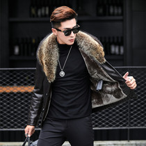 Haining leather clothing raccoon skin fur one wool collar male lamb wool inner Slim jacket short leather jacket thick