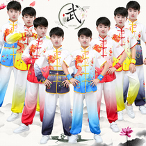 New childrens martial arts performance to beat drum dragon suit Chinese wind and mens length and style Practice Costume Contest Stage Costumes