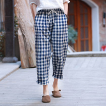  New cotton and linen cotton tether casual pants three-point pants elastic waist lace-up plaid pants womens summer thin nine-point pants