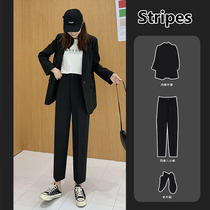 Suit pants womens straight tube loose spring and autumn high waist hanging feeling black small man thin Joker straight tube nine-point pipe pants