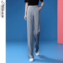 2021 Spring Autumn New Grey Western Dress Pants Woman Superior loose High waist pituitary pants Straight Broadlegged Pants Tugging Pants