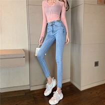 Light blue high-waisted jeans womens 2021 new elastic tight thin high peach hip small feet nine-point pants