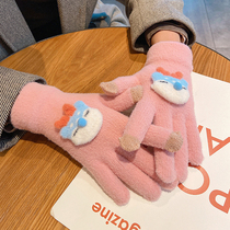Finger gloves winter women plus velvet cute students Korean tide ins thick warm pink cartoon five finger riding