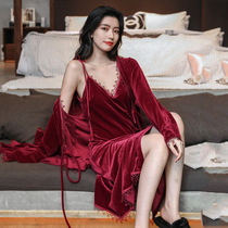 2021 New Autumn Winter Sexy Sleepwear Womens Gold Velvet Sleeping Robe Red Wedding Bridal Bridal Gowns Long