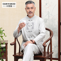 Chinese style linen Tang suit mens long-sleeved suit Dads spring and autumn thin jacket Middle-aged large size mens Hanfu
