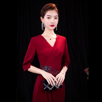 High-end banquet evening dress dress female temperament noble light luxury minority red mother wedding banquet autumn long sleeve dress