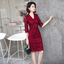 Banquet evening dress dress dress female temperament noble red high-end mother-in-law wedding feast mother high-end dress long sleeve