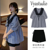 Web red pregnant womens summer suit summer sleeve coat 2023 new summer thin doll large two - piece set