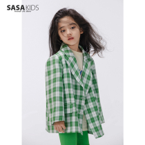 SASAKIDS custom girl Autumn dress retro style loose coat long Korean Plaid children Foreign style suit