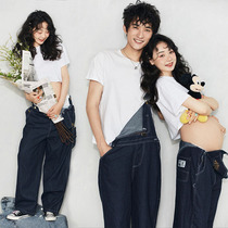 Photothemed pregnant woman to write real clothing lover Costume Retro Denim Back Belt Pants Pregnant Woman Couple Writing Real Photo-Themed Clothing