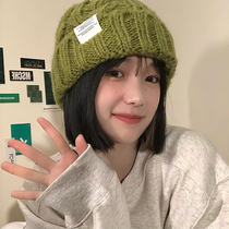 2021 hat female rough knitted wool hat autumn and winter Joker big head circumference green loose ins tide face small face