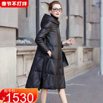 2021 winter new female Haining sheep leather leather down jacket long hooded loose A- shaped leather coat