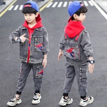 Boy Sweatshirt Three Sets 2022 Spring Autumn New Childrens Tidal Cool Fried Street Denim Great Boy Spider-Man Suit