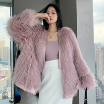 Raccoon hair braided fur coat Womens middle and long young real hair fashion fox hair coat encrypted V-neck car strip