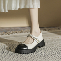 Thick Bottom Inn Wind Small Leather Shoes Woman 2022 Spring new white coarse heel Shallow Mouth Single Shoe Style Mary Precious Shoes