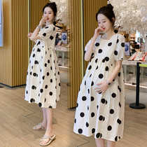 Maternity dress summer dress fashion net red set large size age-reducing wave point loose belly over-the-knee dress summer