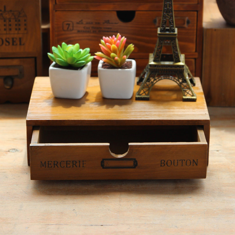 ZKKA retro do old wooden storage box storage box drawer-style makeup box multi-functional desk surface finishing box