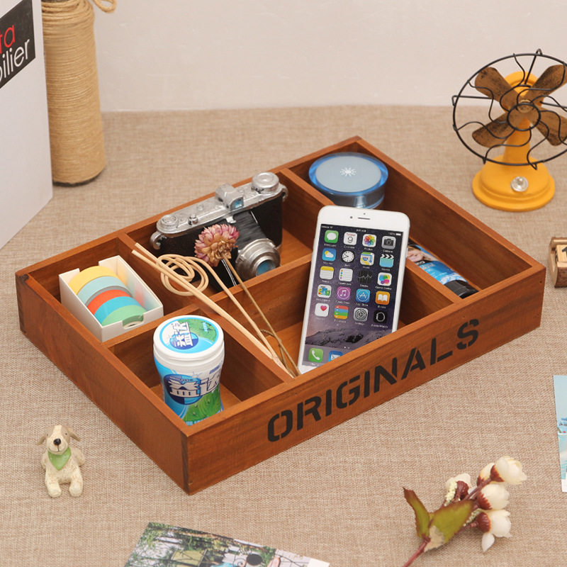 Wood Jin retro wood large five-blocks cosmetics storage box Office living room bedroom solid wood desktop storage box