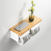 Creative Nordic Japanese toilet double roll paper solid wood tissue box punch-free toilet paper holder mobile phone toilet rack