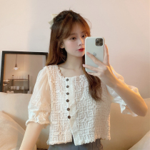 Fake two-piece square collar short chiffon top womens summer design sense French collarbone niche bubble short-sleeved lace shirt