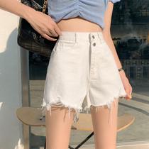  White shorts summer 2021 new thin pants high waist net red hole a-line jeans womens chic hot pants