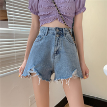 Shorts womens summer high waist 2021 new perforated hot girls pants European and American design sense wide leg jeans hot pants