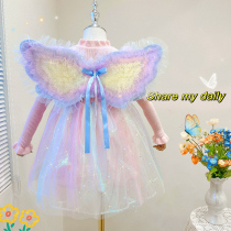 Girls dress spring and autumn 2023 new childrens rainbow wings birthday dress dress bowl skirt Pungyu skirt