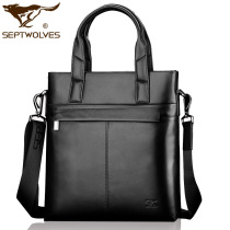 Seven wolves brand mens bag Hand bag business leisure briefcase horizontal shoulder shoulder bag leather bag head layer cowhide