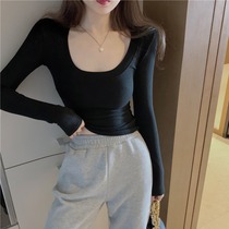 Fenchy Black low collar long sleeve T-shirt female 2021 autumn slim slim inside match base shirt wild top
