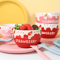 Cute strawberry ceramic bowl salad bowl Japanese bowl personality girl heart single home student childrens rice bowl tableware