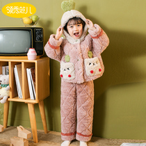 Childrens pajamas winter thickened baby three-layer cotton girl home clothing flannel coral velvet girl suit