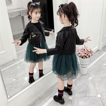  Girls  long-sleeved dress spring and autumn 2021 new girl princess gauze skirt western style large childrens leather two-piece suit