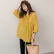  Pregnant womens tops spring and summer fashion trend mom loose age-reducing doll shirt Mid-length Western maternity clothes spring and summer shirts